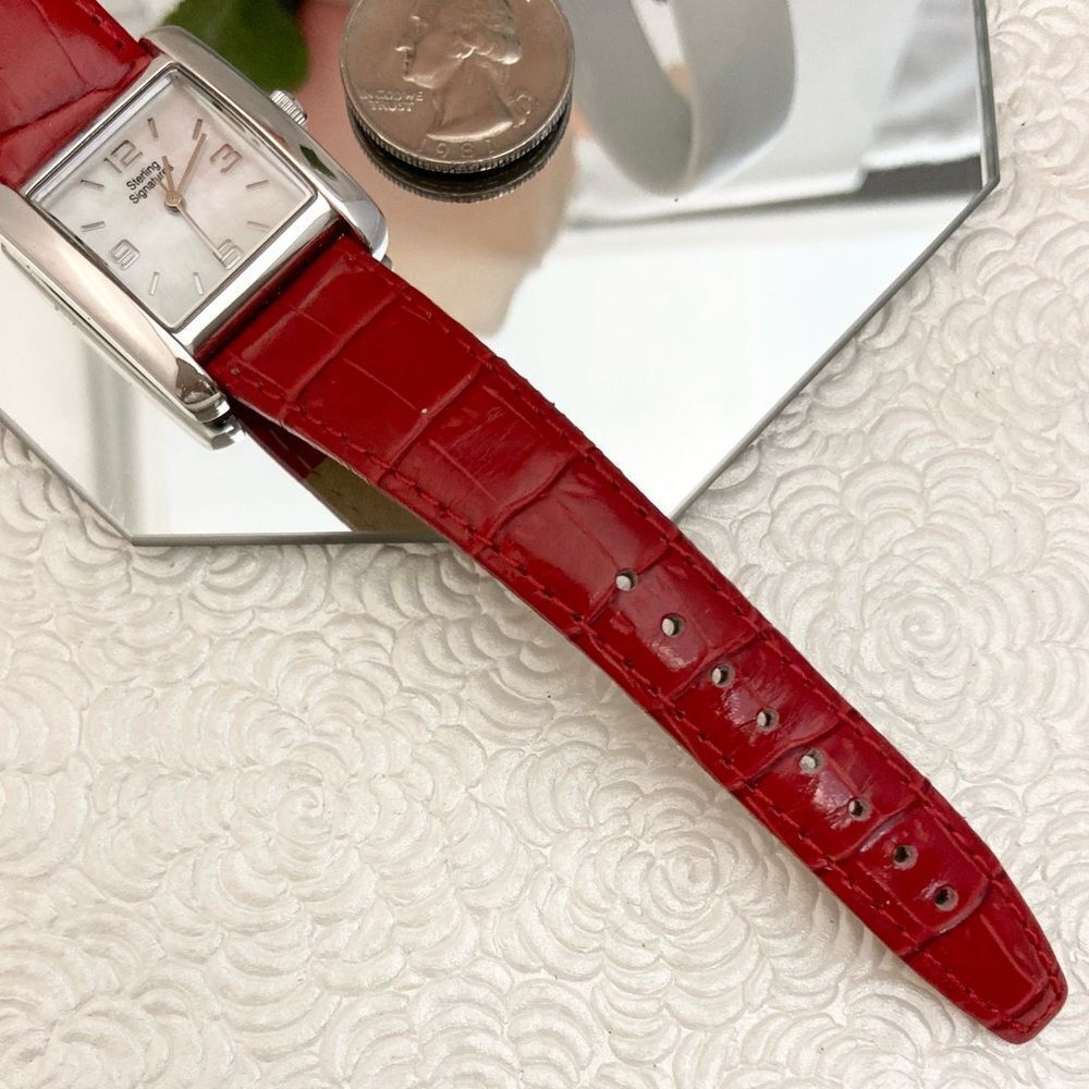 Sterling Signatures 925 Silver Tank Style Watch Mother of Pearl Dial Red Leather - Picture 14 of 16